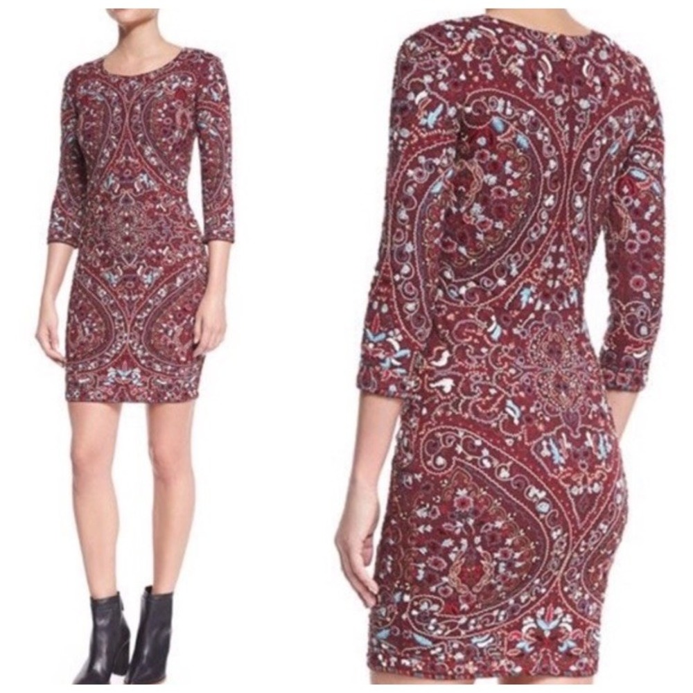NEW HAUTE HIPPIE H5087100PT Stretch Merlot Embroidered Boho Mini‎ Dress 2 S